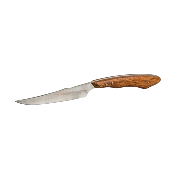 Deux couteaux de table à manche en bois clair présentés dans un coffret en bois.